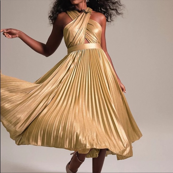 Anthropologie Dresses & Skirts - Anthropologie Verb by Pallavi Singhee Gold Pleated Halter Midi Dress